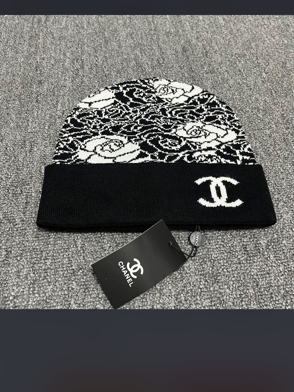 Floral Camellia Black White Fashion Letter C Winter Beanie Hat